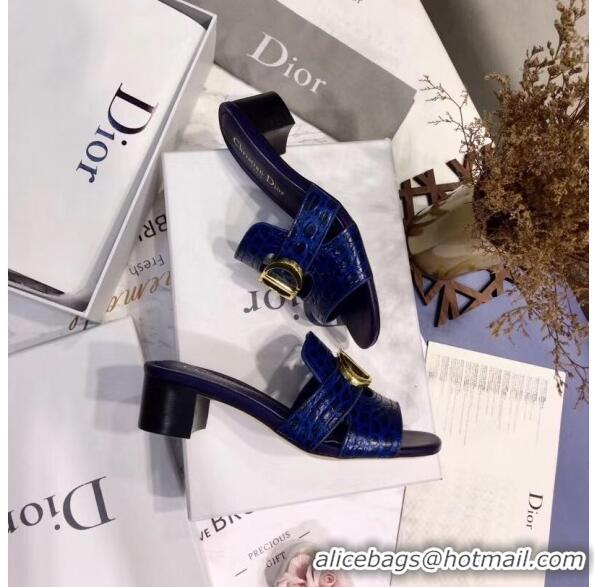 Shop Dior 30 MONTAIGNE Heeled Slide Sandals in Crocodile Pattern Calfskin CD1411 Blue 2020