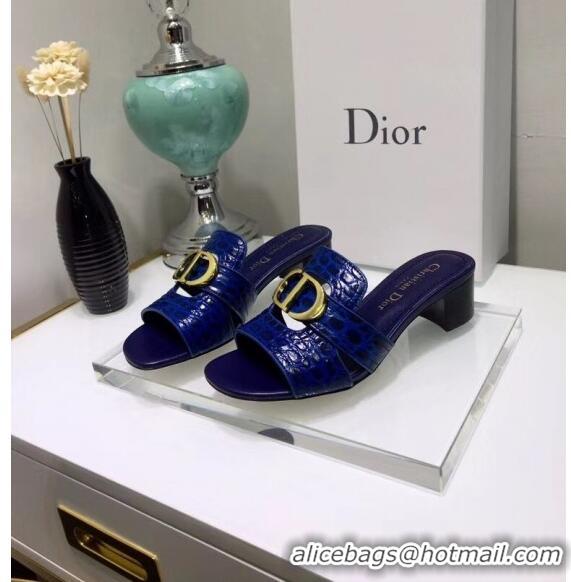 Shop Dior 30 MONTAIGNE Heeled Slide Sandals in Crocodile Pattern Calfskin CD1411 Blue 2020