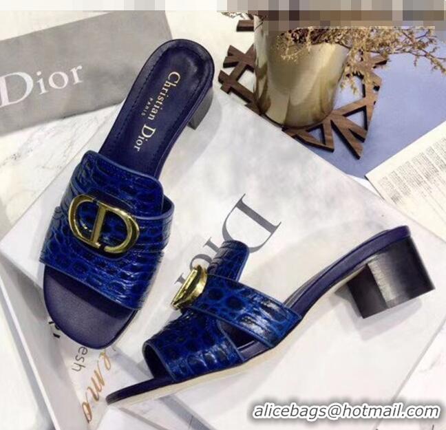 Shop Dior 30 MONTAIGNE Heeled Slide Sandals in Crocodile Pattern Calfskin CD1411 Blue 2020