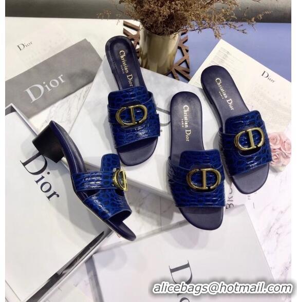 Shop Dior 30 MONTAIGNE Heeled Slide Sandals in Crocodile Pattern Calfskin CD1411 Blue 2020