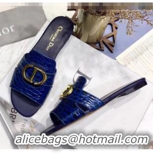 Inexpensive Dior 30 MONTAIGNE Mule Flat Sandals in Crocodile Pattern Calfskin CD1412 Blue 2020