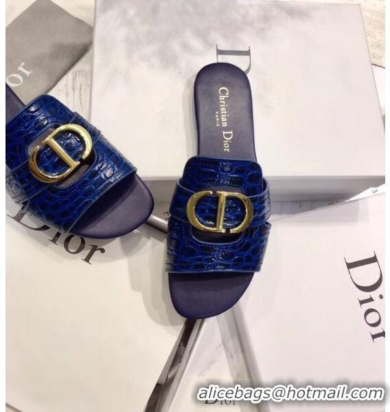 Inexpensive Dior 30 MONTAIGNE Mule Flat Sandals in Crocodile Pattern Calfskin CD1412 Blue 2020