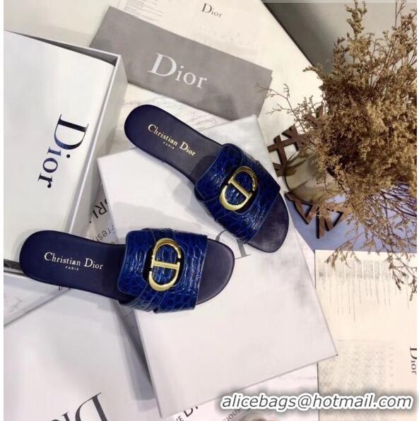 Inexpensive Dior 30 MONTAIGNE Mule Flat Sandals in Crocodile Pattern Calfskin CD1412 Blue 2020