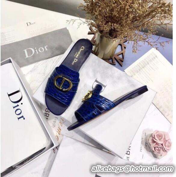 Inexpensive Dior 30 MONTAIGNE Mule Flat Sandals in Crocodile Pattern Calfskin CD1412 Blue 2020