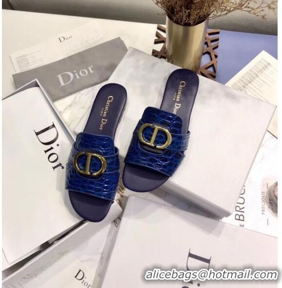 Inexpensive Dior 30 MONTAIGNE Mule Flat Sandals in Crocodile Pattern Calfskin CD1412 Blue 2020