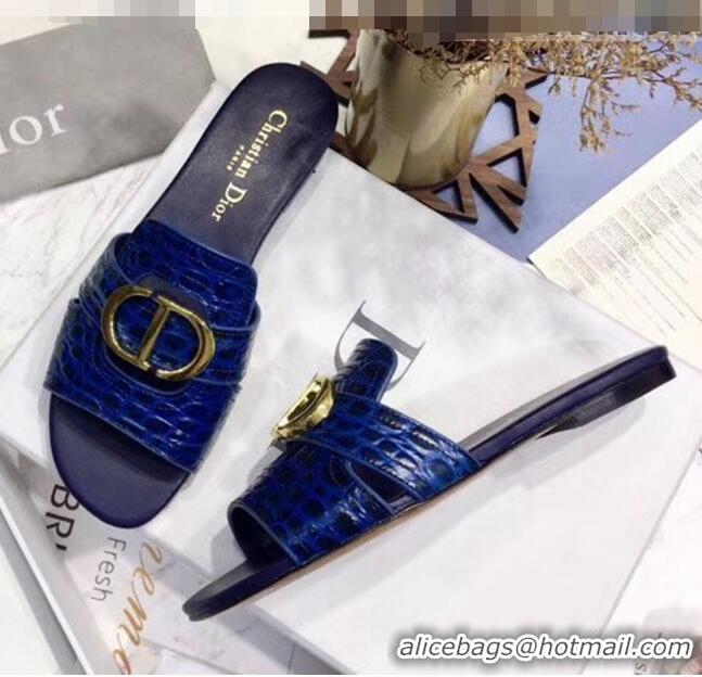 Inexpensive Dior 30 MONTAIGNE Mule Flat Sandals in Crocodile Pattern Calfskin CD1412 Blue 2020