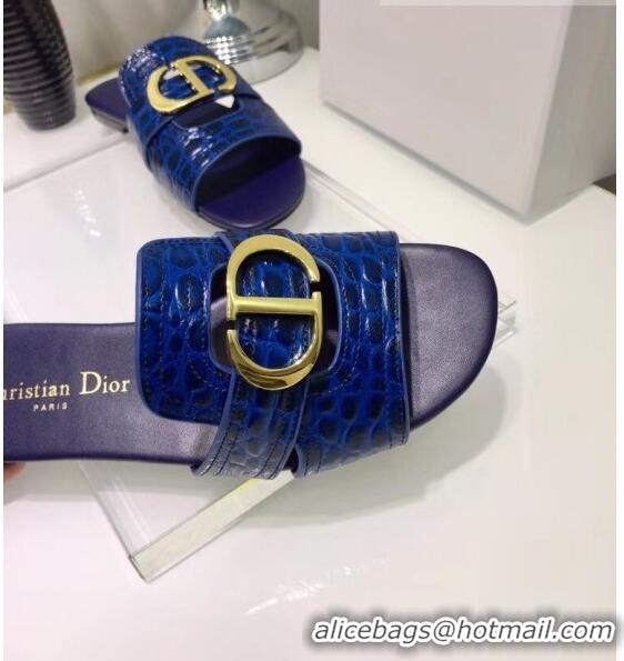 Inexpensive Dior 30 MONTAIGNE Mule Flat Sandals in Crocodile Pattern Calfskin CD1412 Blue 2020