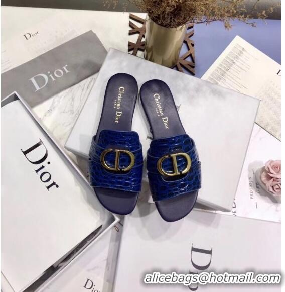 Inexpensive Dior 30 MONTAIGNE Mule Flat Sandals in Crocodile Pattern Calfskin CD1412 Blue 2020