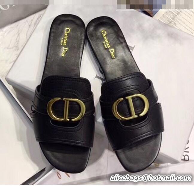 Reproduction Dior 30 MONTAIGNE Mule Flat Sandals In Smooth Calfskin CD1419 Black 2020