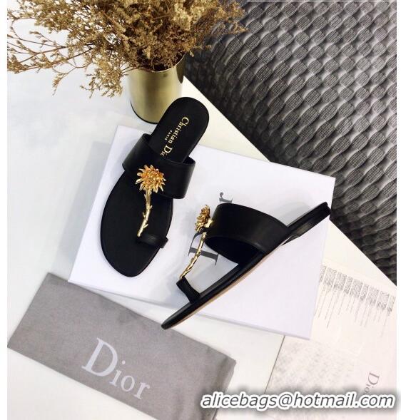 Low Cost Dior Calfskin Jardin Thong Slide Sandal CD2003 Black 2020