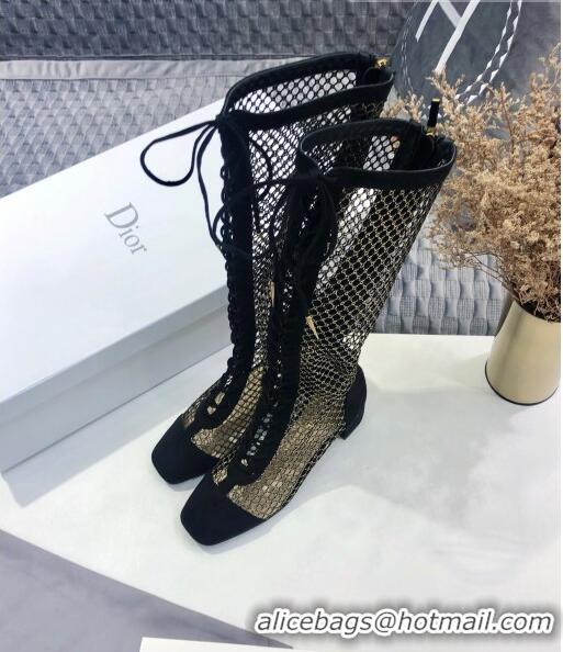 Reproduction Dior Naughtily-D High Boot in Metallic Gold-Tone Fishnet and CD0413 Black Suede Calfskin 2020