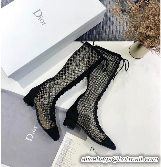 Reproduction Dior Naughtily-D High Boot in Metallic Gold-Tone Fishnet and CD0413 Black Suede Calfskin 2020