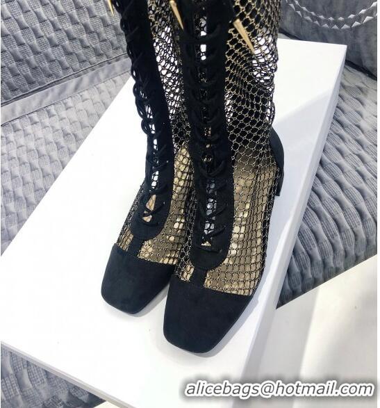 Reproduction Dior Naughtily-D High Boot in Metallic Gold-Tone Fishnet and CD0413 Black Suede Calfskin 2020