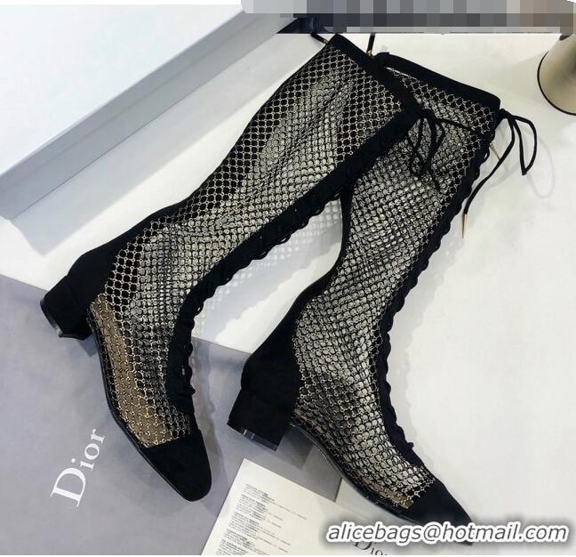 Reproduction Dior Naughtily-D High Boot in Metallic Gold-Tone Fishnet and CD0413 Black Suede Calfskin 2020