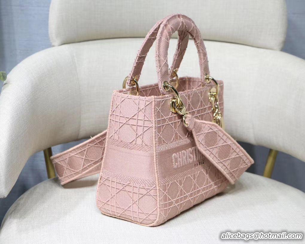 Good Looking LADY DIOR TOTE BAG IN EMBROIDERED CANVAS C4532 pink Gold Hardware