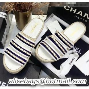 Buy Discount Chanel Lambskin Mules Sandals With Chains G35931 Blue/White 2020