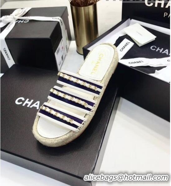 Buy Discount Chanel Lambskin Mules Sandals With Chains G35931 Blue/White 2020