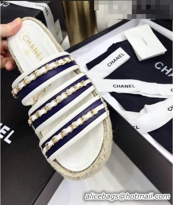 Buy Discount Chanel Lambskin Mules Sandals With Chains G35931 Blue/White 2020