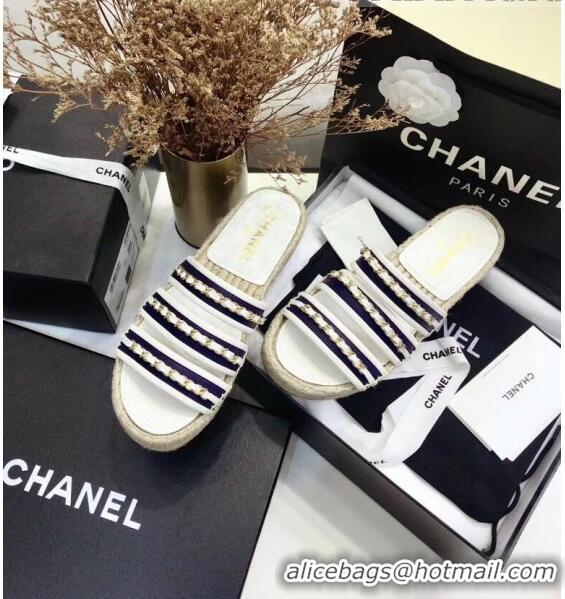 Buy Discount Chanel Lambskin Mules Sandals With Chains G35931 Blue/White 2020