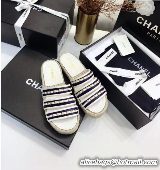 Buy Discount Chanel Lambskin Mules Sandals With Chains G35931 Blue/White 2020