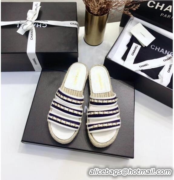 Buy Discount Chanel Lambskin Mules Sandals With Chains G35931 Blue/White 2020