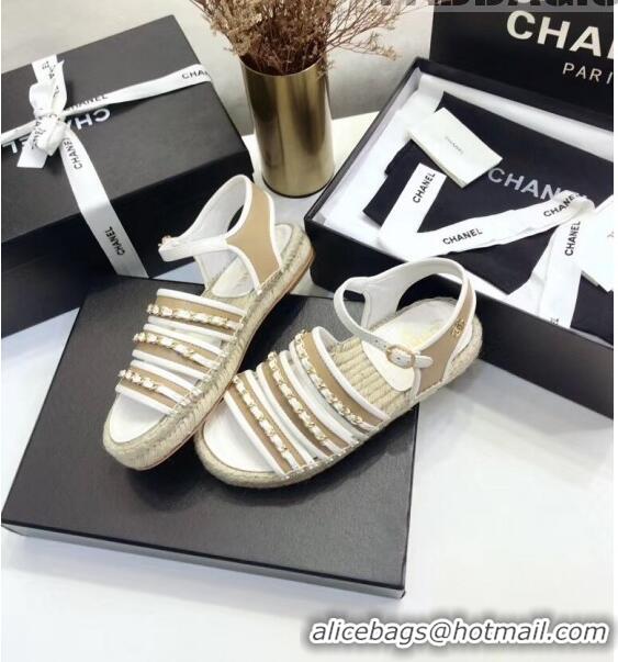 Unique Ladies Chanel Lambskin Flat Sandals With Chains G35931 White 2020