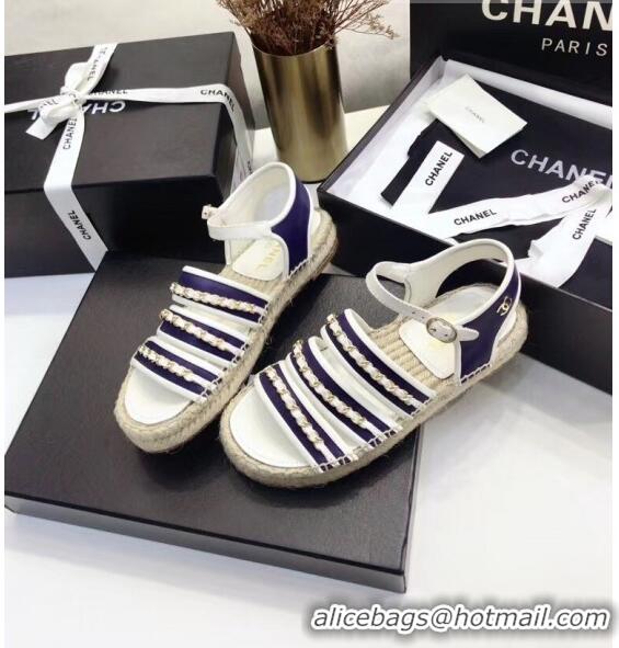 Pretty Style Chanel Lambskin Flat Sandals With Chains G35931 Blue/White 2020