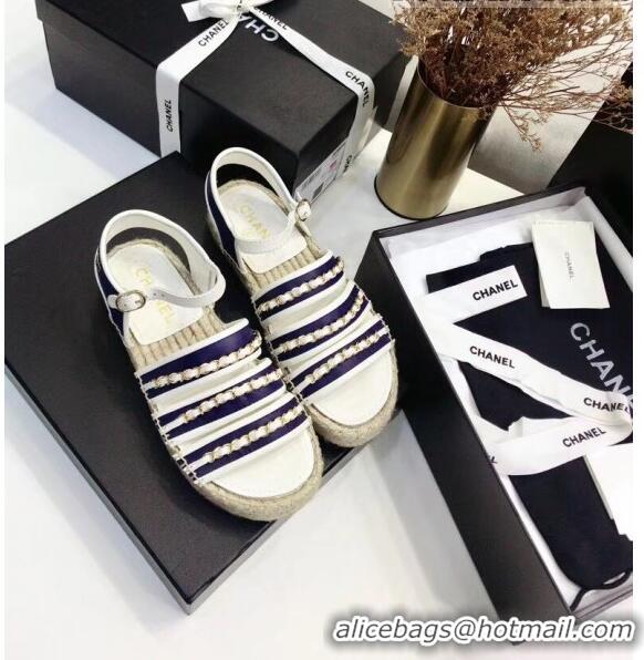 Pretty Style Chanel Lambskin Flat Sandals With Chains G35931 Blue/White 2020