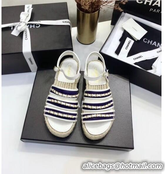 Pretty Style Chanel Lambskin Flat Sandals With Chains G35931 Blue/White 2020