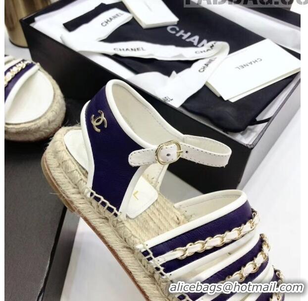 Pretty Style Chanel Lambskin Flat Sandals With Chains G35931 Blue/White 2020