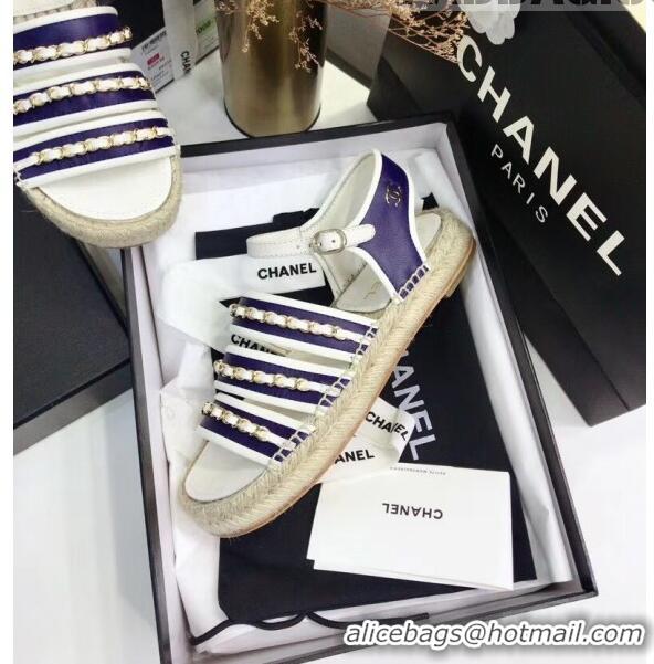 Pretty Style Chanel Lambskin Flat Sandals With Chains G35931 Blue/White 2020