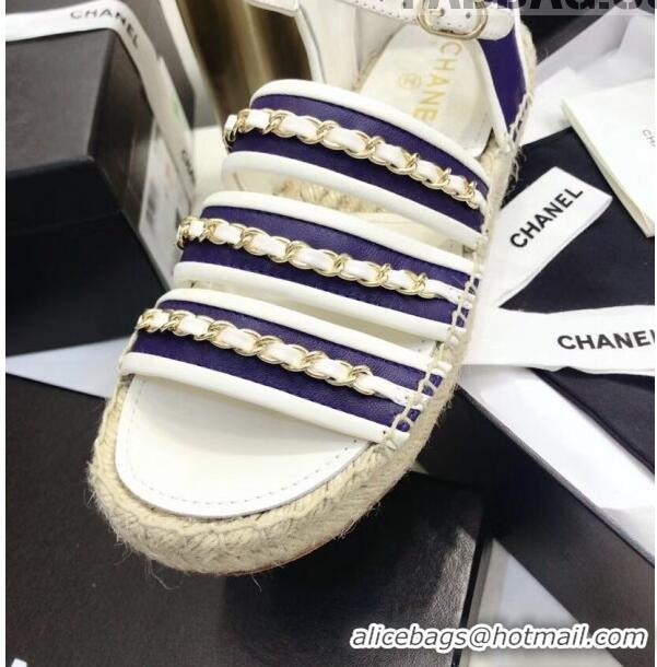 Pretty Style Chanel Lambskin Flat Sandals With Chains G35931 Blue/White 2020