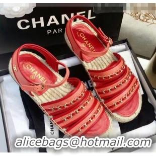 Cheapest Chanel Lambskin Flat Sandals With Chains G35931 Red 2020