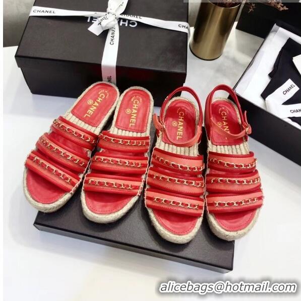 Cheapest Chanel Lambskin Flat Sandals With Chains G35931 Red 2020