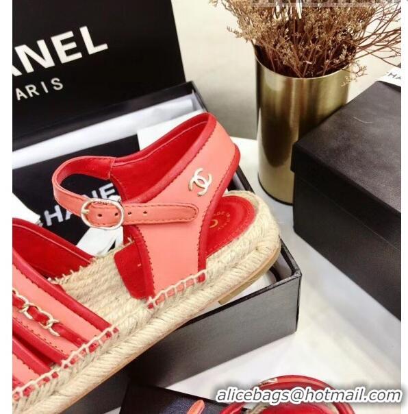 Cheapest Chanel Lambskin Flat Sandals With Chains G35931 Red 2020