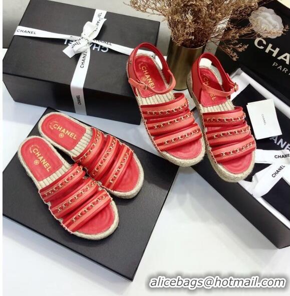 Cheapest Chanel Lambskin Flat Sandals With Chains G35931 Red 2020