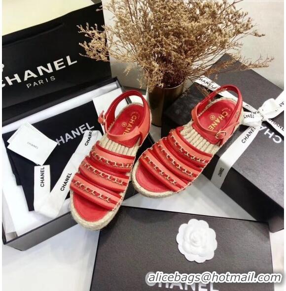 Cheapest Chanel Lambskin Flat Sandals With Chains G35931 Red 2020