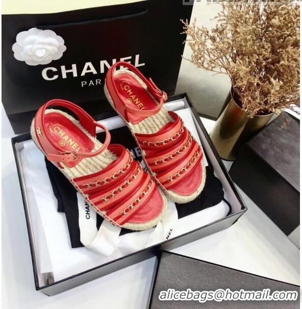 Cheapest Chanel Lambskin Flat Sandals With Chains G35931 Red 2020