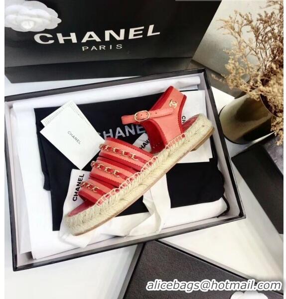 Cheapest Chanel Lambskin Flat Sandals With Chains G35931 Red 2020