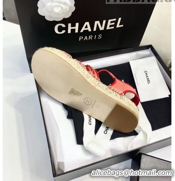 Cheapest Chanel Lambskin Flat Sandals With Chains G35931 Red 2020