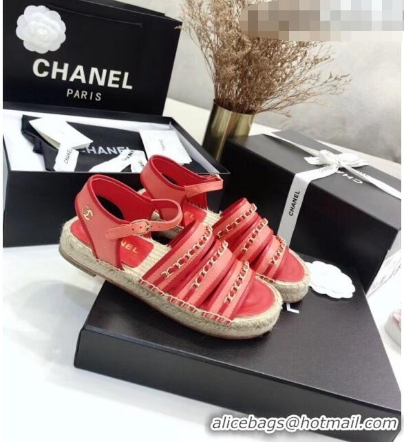 Cheapest Chanel Lambskin Flat Sandals With Chains G35931 Red 2020