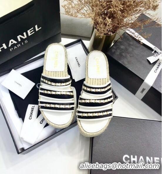 Top Sale Chanel Lambskin Mules Sandals With Chains G35931 Black/White 2020