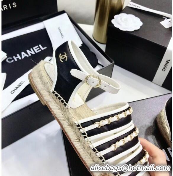 Good Product Chanel Lambskin Flat Sandals With Chains G35931 Black/White 2020