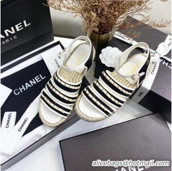 Good Product Chanel Lambskin Flat Sandals With Chains G35931 Black/White 2020