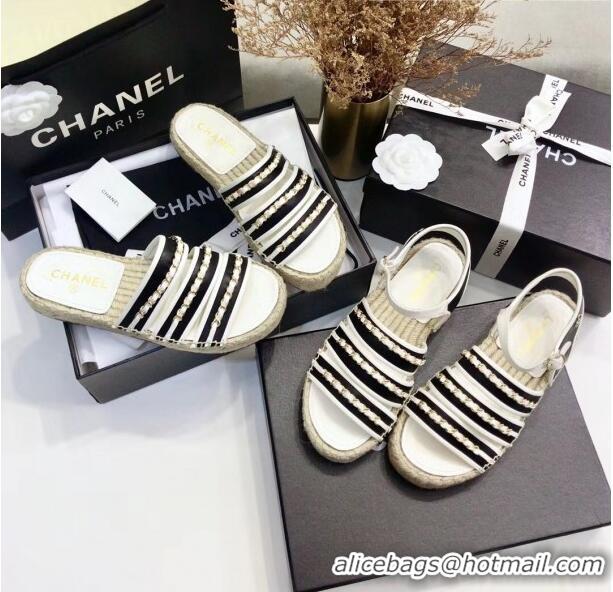 Good Product Chanel Lambskin Flat Sandals With Chains G35931 Black/White 2020