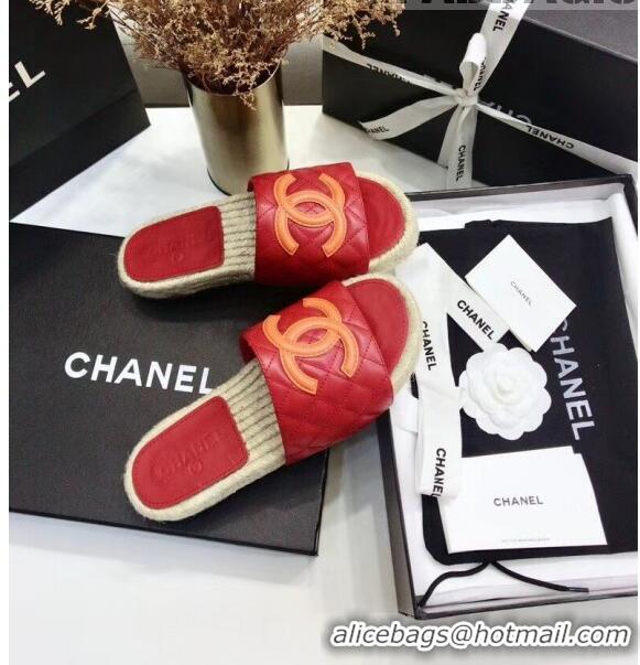 Trendy Design Chanel CC Logo Lambskin Espadrilles Mules Sandals G35603 Red 2020