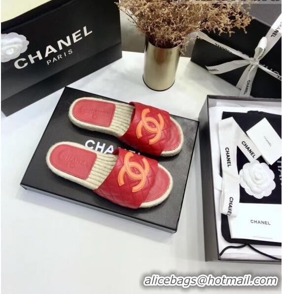 Trendy Design Chanel CC Logo Lambskin Espadrilles Mules Sandals G35603 Red 2020