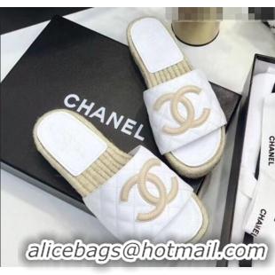 Cheapest Chanel CC Logo Lambskin Espadrilles Mules Sandals G35603 White/Beige 2020