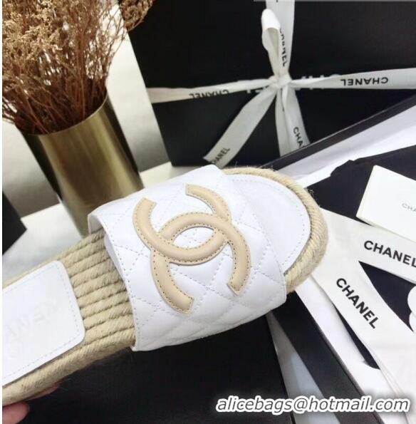 Cheapest Chanel CC Logo Lambskin Espadrilles Mules Sandals G35603 White/Beige 2020