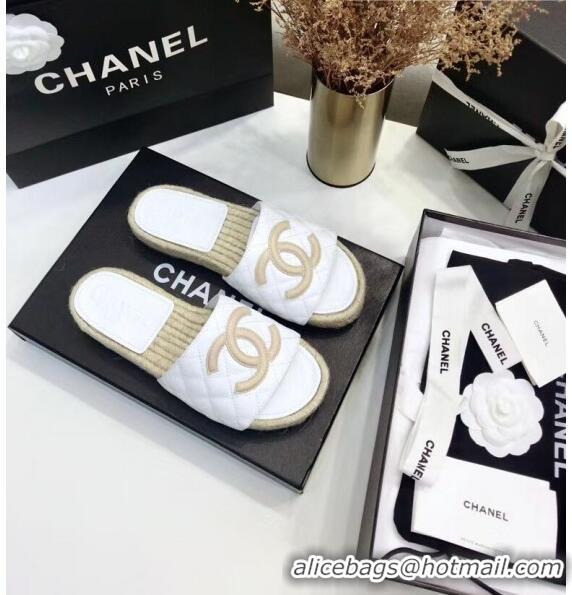 Cheapest Chanel CC Logo Lambskin Espadrilles Mules Sandals G35603 White/Beige 2020